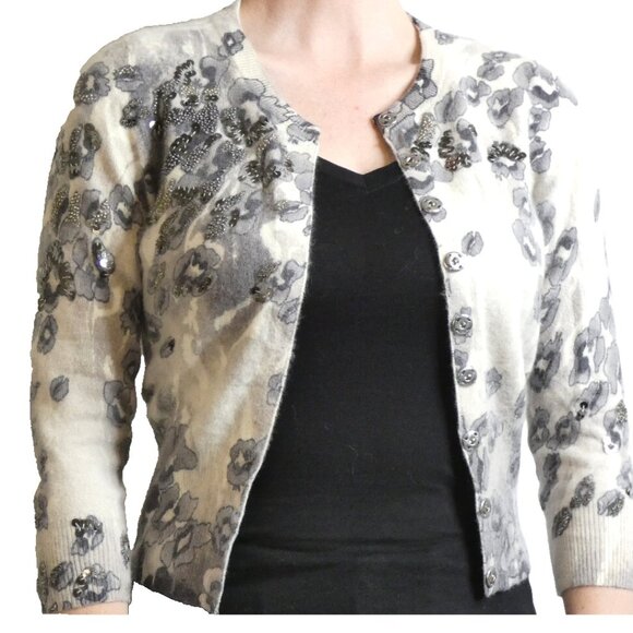 Vintage Angora Sweater Size 1 White Gray Beaded Sequins 3/4 Sleeves Soft Rare - Picture 1 of 9